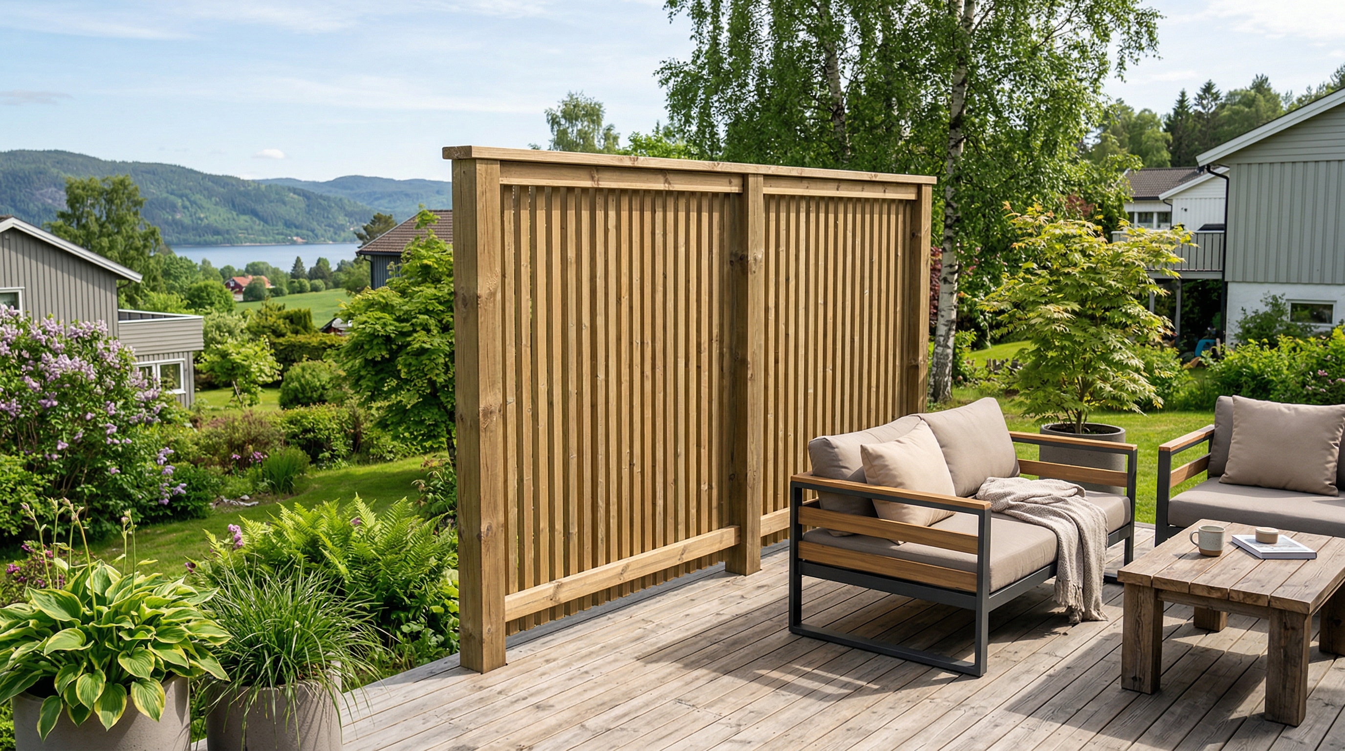 Vapaasti seisova puinen säleikköseinä modernilla terassilla, taustalla puutarha