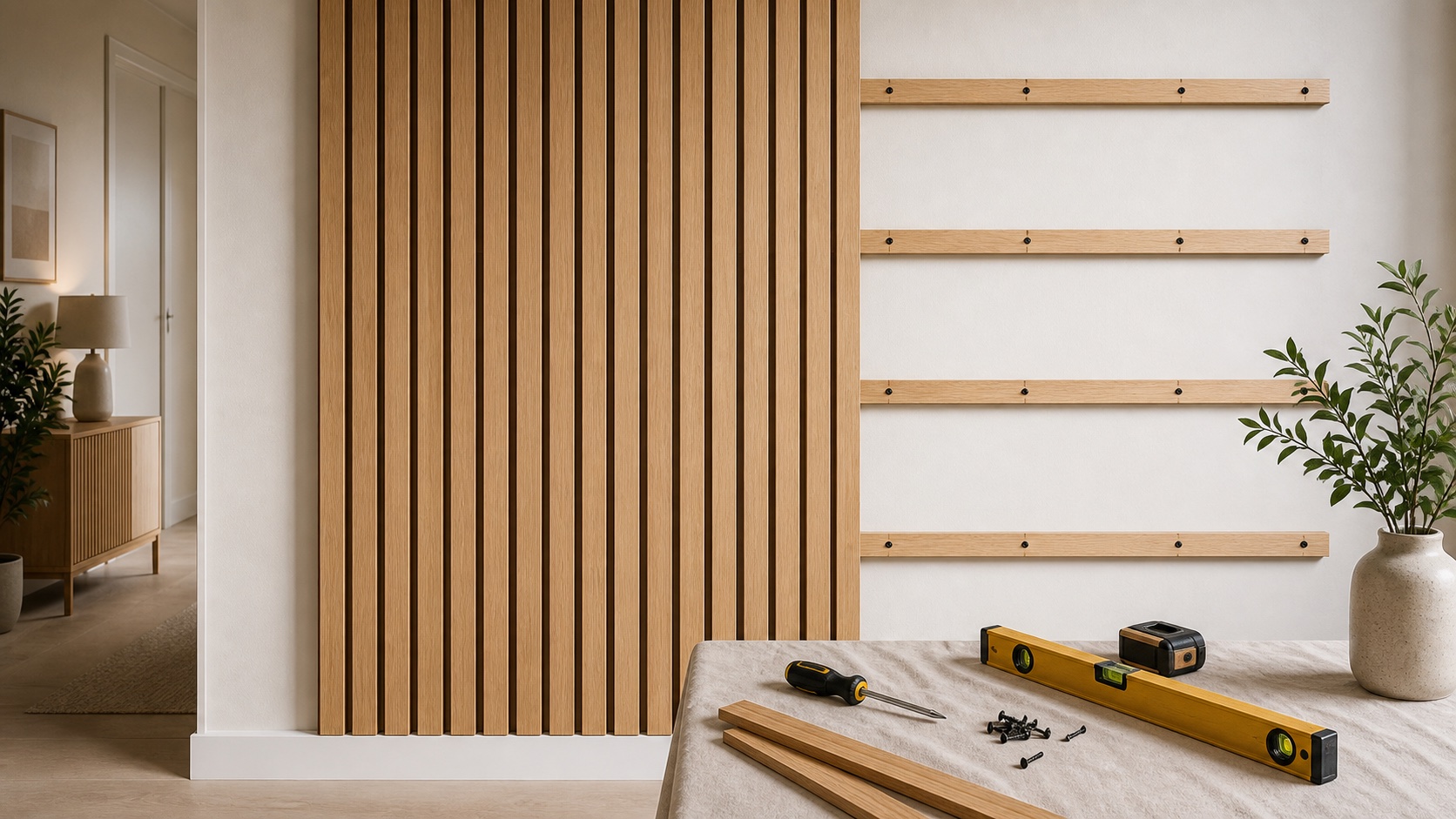 Partially installed wood slat wall on a light drywall surface with visible battens, screws, and a level.