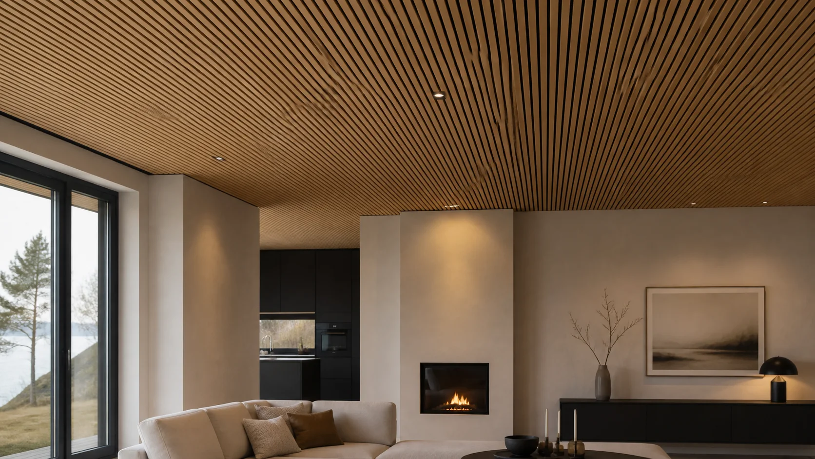 Modern living room with an oak slat ceiling, dark gaps, and integrated downlights.