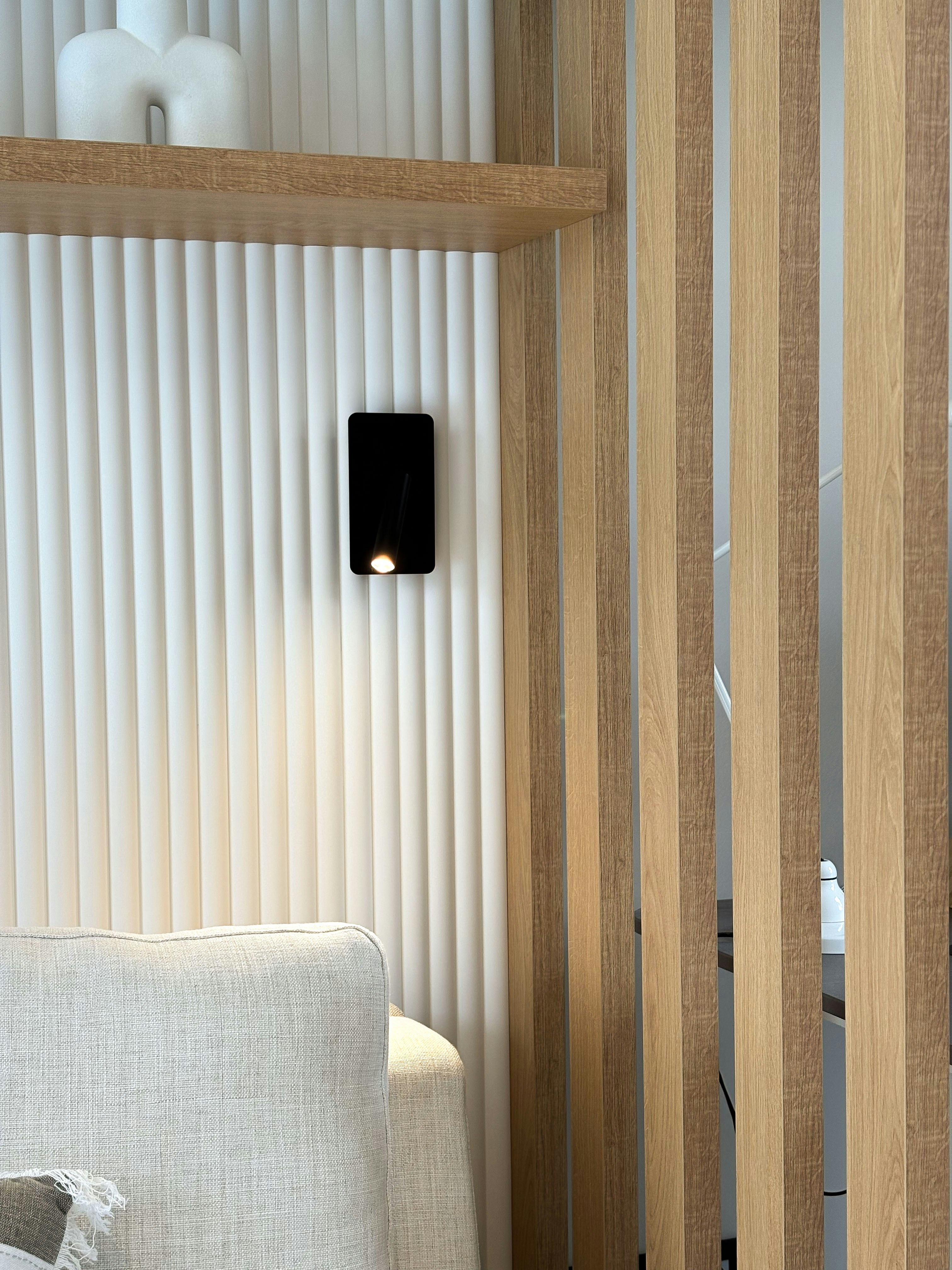 Interior with warm slatted shelving