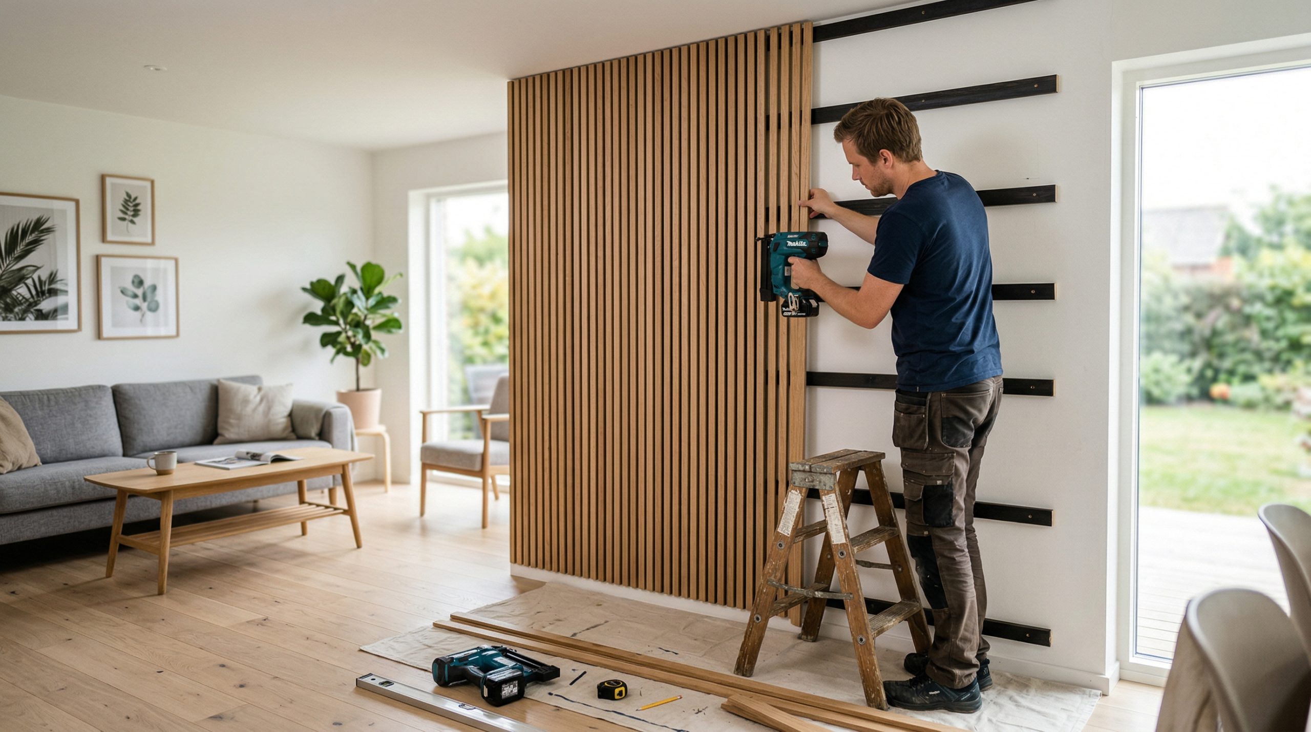 Spilevegg under montering i lyst skandinavisk rom